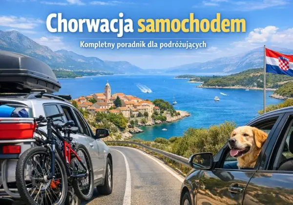 Chorwacja samochodem: złoty retriever w samochodzie, rowery na bagażniku, piękny widok na morze i miasteczko. Idealna podróż!