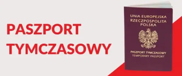 Czerwony paszport tymczasowy Rzeczypospolitej Polskiej z orłem i napisem "PASZPORT TYMCZASOWY TEMPORARY PASSPORT" na białym tle.