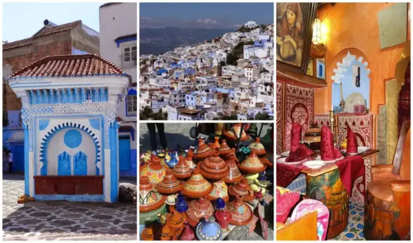Maroko co zobaczyć: błękitne miasto Chefchaouen, kolorowe naczynia i wnętrze restauracji.