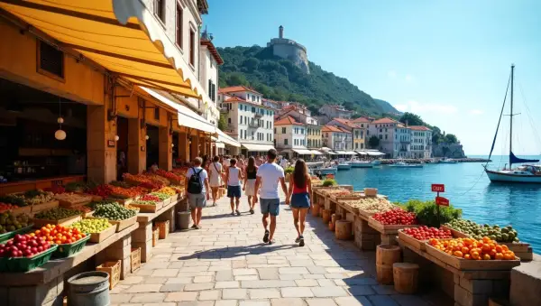Promenada w Chorwacji z targiem owocowo-warzywnym i widokiem na morze.