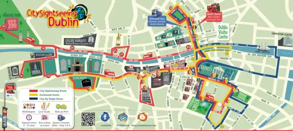 Mapa turystyczna pokazuje, gdzie jest Dublin, z zaznaczonymi trasami autobusów wycieczkowych, zabytkami i atrakcjami.
