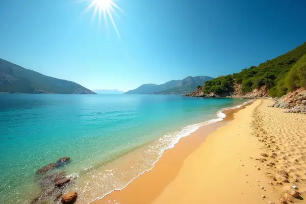 Plaża z turkusową wodą, piaszczystym brzegiem i zielonymi wzgórzami w tle.