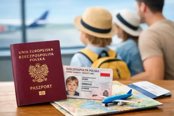 Paszport i dowód tożsamości strefy eog na tle rodziny czekającej na samolot.